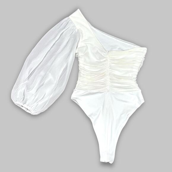 Hello Molly White One-Shoulder Bodysuit with Sheer Puff Sleeve – Size Medium - Picture 2 of 5